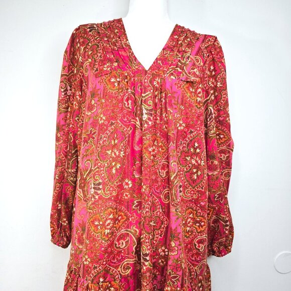 Julia Jordan Red Pink Floral Paisley Pleated V Neck Boho Tiered Flowy Maxi Dress - Picture 2 of 14